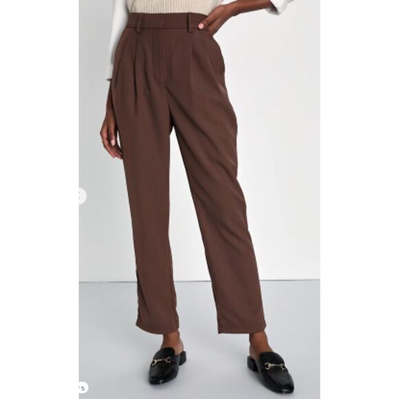 LULU'S XS Posh Promotion Brown Twill High Rise Tapered Trouser Pants NEW B172 - Picture 1 of 12